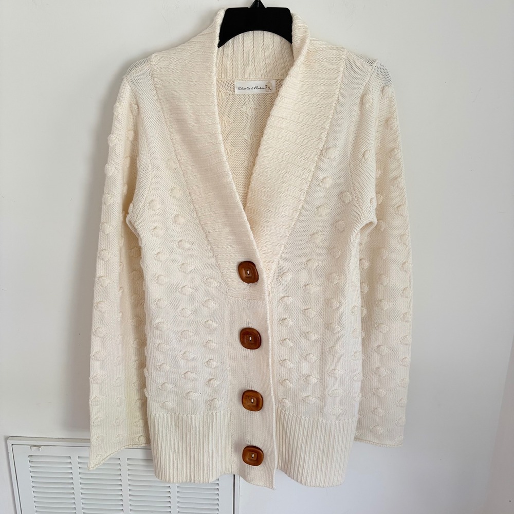 Charlie & Robin Popcorn Knit Cardigan Women Cream M Wool Blend Shawl Collar